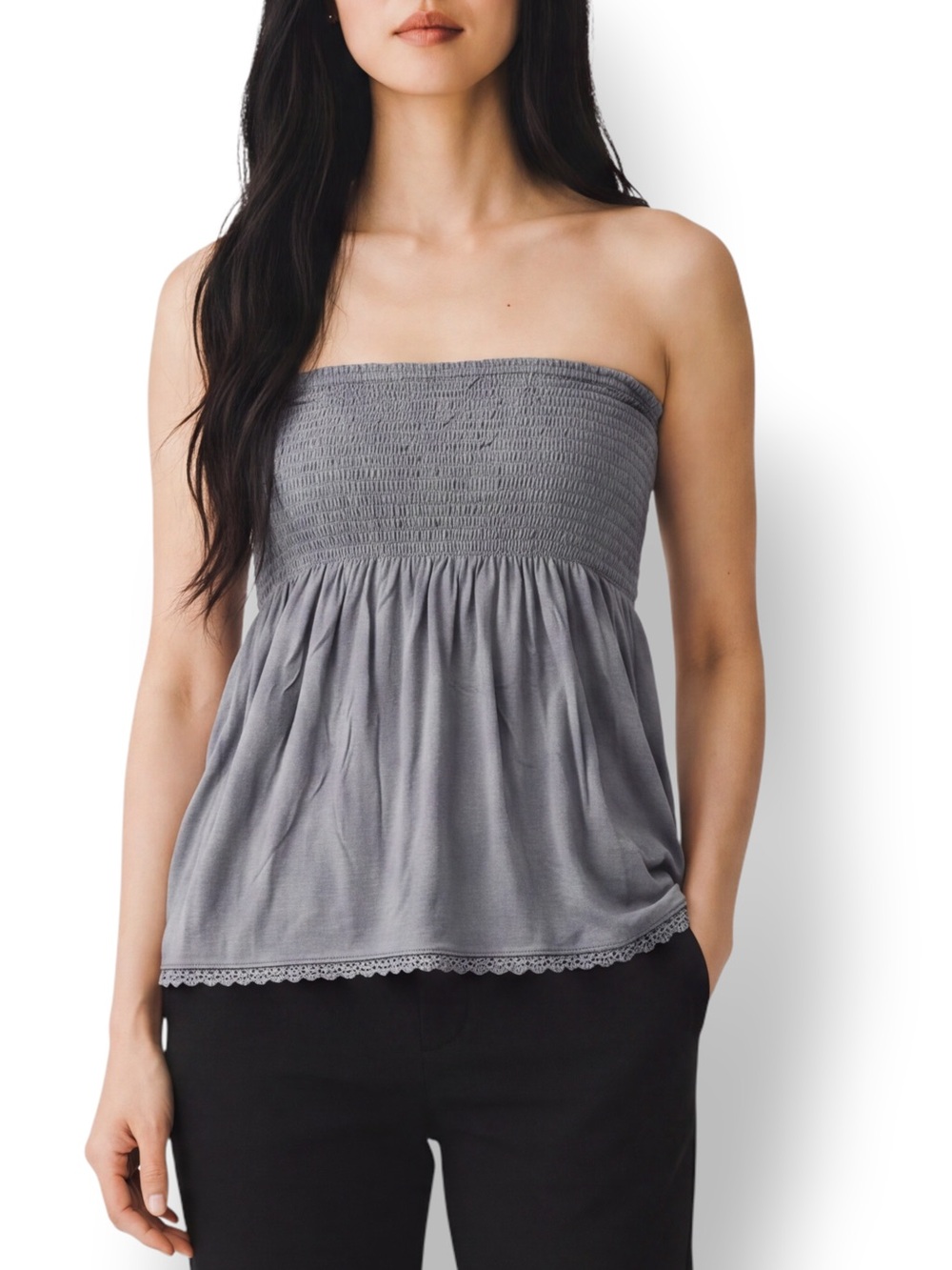 4/$20 Arizona Jean Company Gray Smocked Strapless Lace Trim Babydoll Top Large